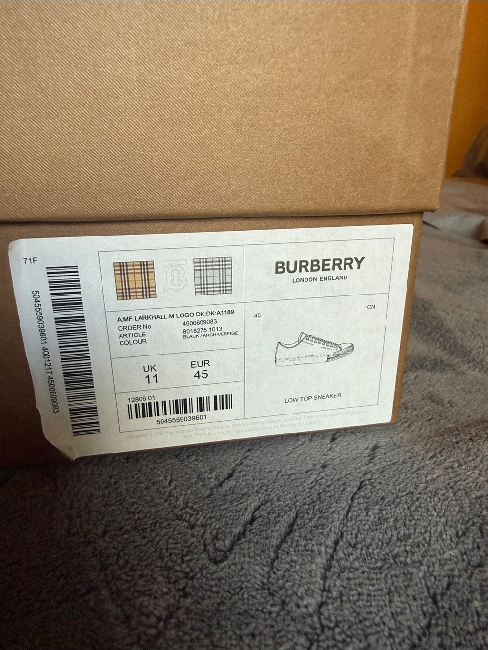 Burberry Black Canvas Low-Top Sneakers with Check Logo - Picture 2 of 7